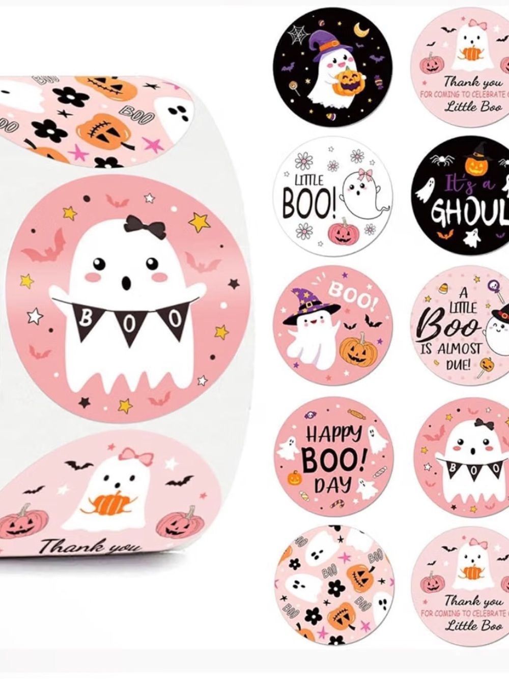 500 Pink Halloween Ghost Party Sticker Seals - Little Boo Theme
